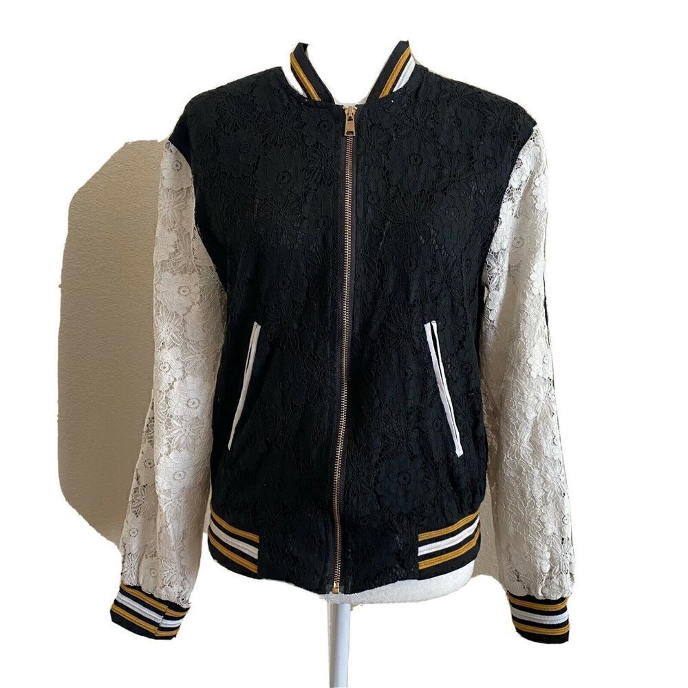 Eye of the Needle Black & White Lace Overlay Full-Zip Bomber Jacket Size Small